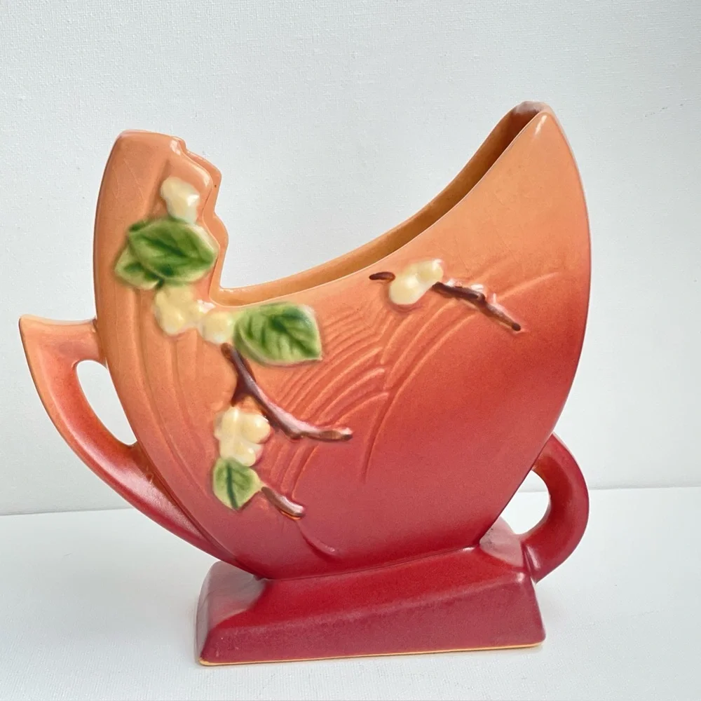 Roseville Snowberry Fan Vase Pink Burgundy Art Pottery Mid Century - Picture 3 of 16